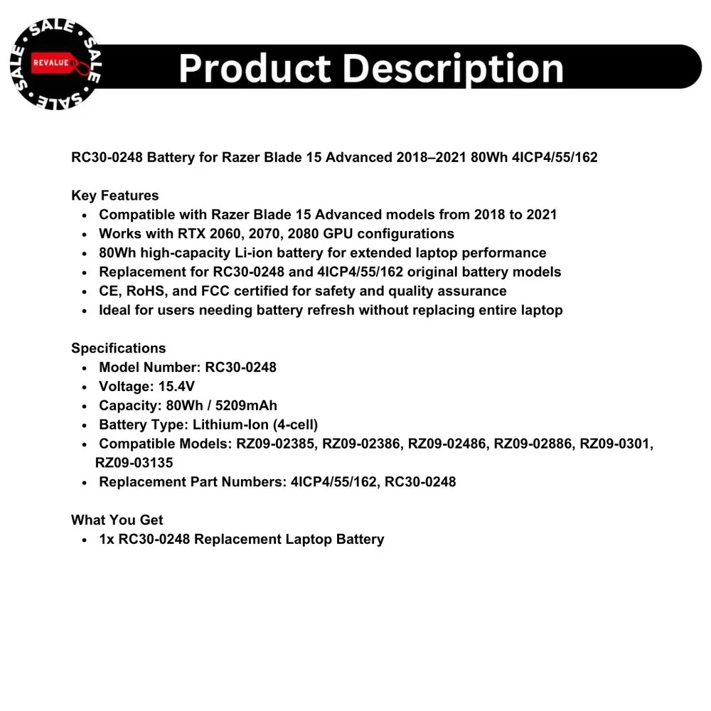 RC30-0248 Battery for Razer Blade 15 Advanced‎ 2018–2021 80Wh 4ICP4/55/162